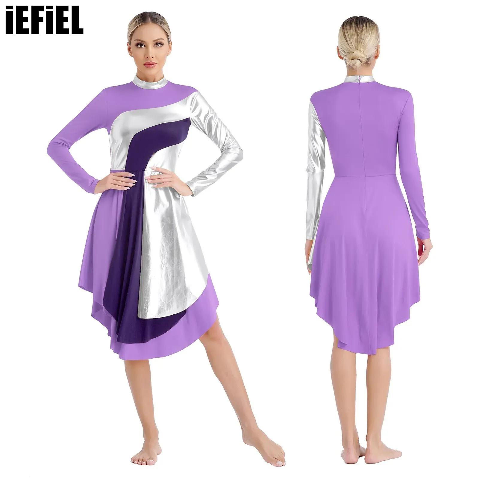 

Womens Liturgical Worship Dance Dresses Mock Neck Long Sleeve Contrast Color Patchwork Curved Hem Dress