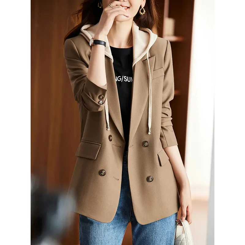 Women Chic Office Lady Single breasted Hooded Blazer Vintage Coat Fashion Notched Collar Long Sleeve Ladies Outerwear Stylish To
