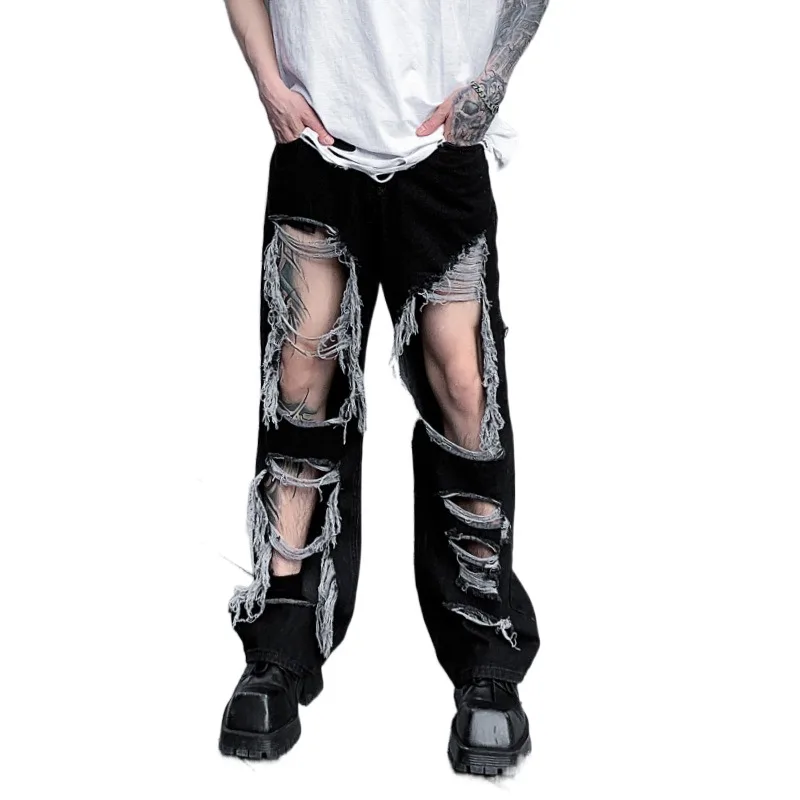 

High Street Vibe Style Destroyed Jeans Pants With Big Holes Fashion Streetwear Oversized Hip Hop Denim Trousers Ripped Bottoms
