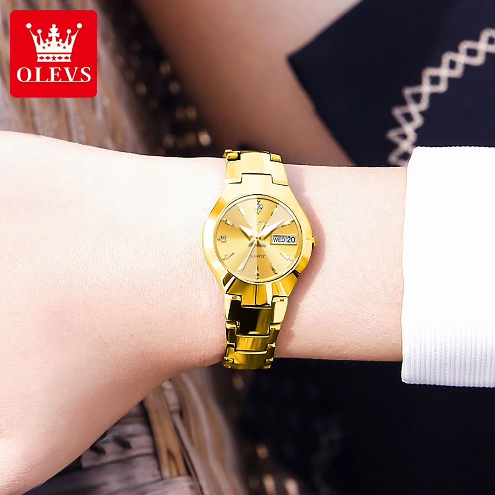 OLEVS 2023 New Fashion Tungsten Steel Gold Women Watches Luminous Hands Waterproof Quartz Watch with Week Calendar Women Watch