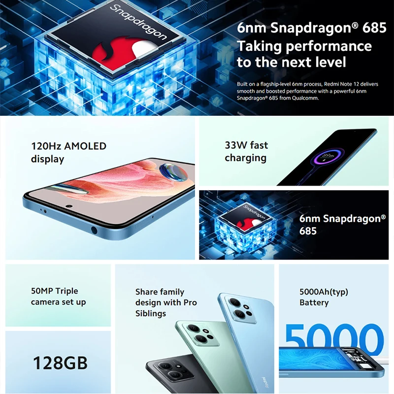 Xiaomi Redmi Note 12 5G Smartphone NFC, 6+128GB, Snapdragon 4 Gen 1,  Pantalla AMOLED de 120Hz, Carga rápida de 33W, Cámara triple de 48 MP -  AliExpress