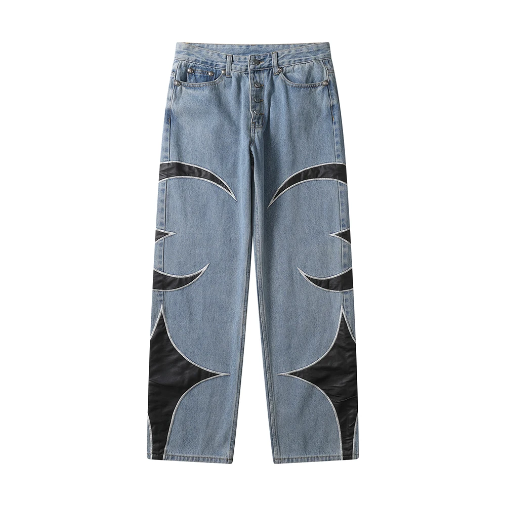 Thug Club Pu Leaher Embroidery Patchwork Baggy Y2K Jeans Men's Streetwear Straight Oversized Denim Trousers Unisex Cargo Pants 5