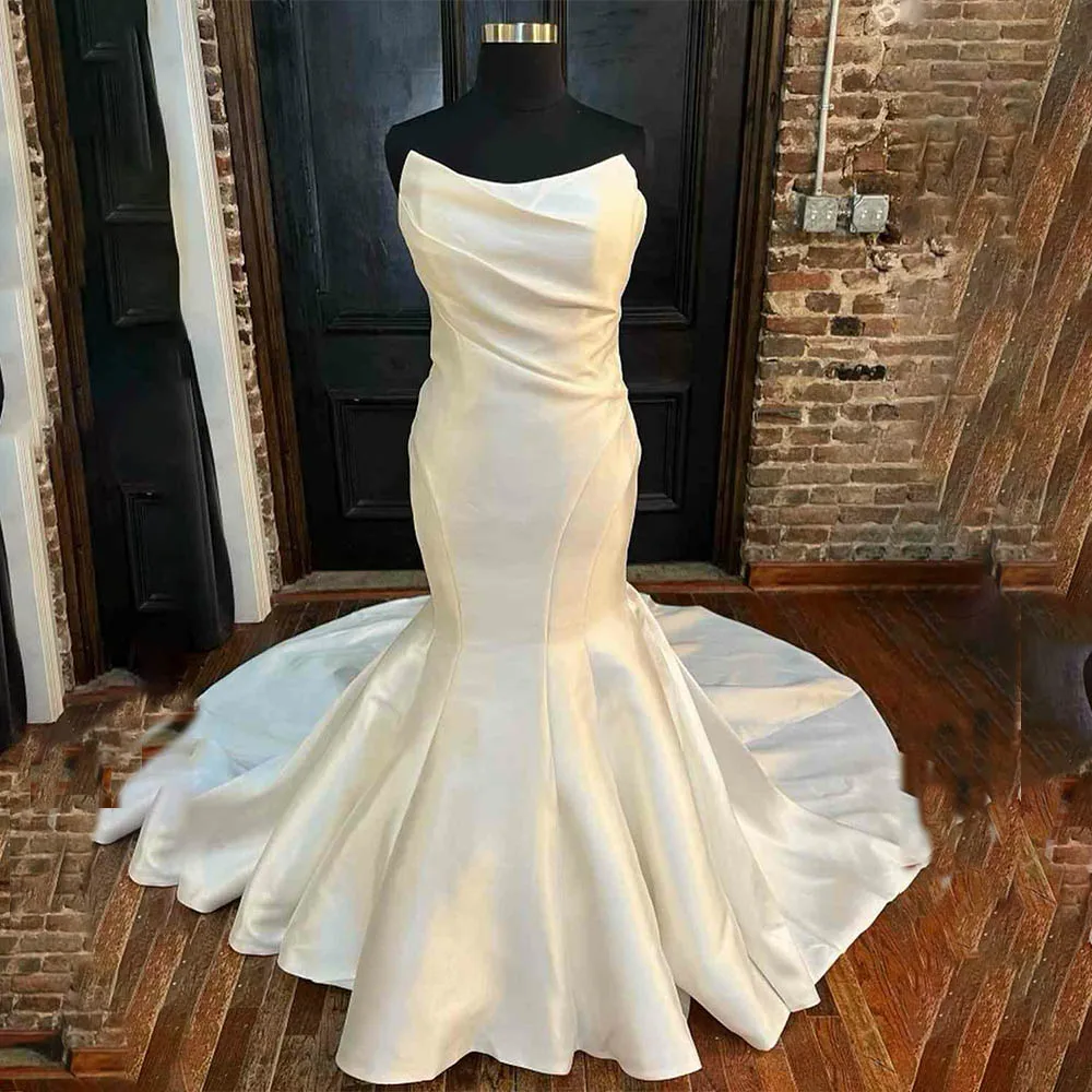 

Vintage Pleat Satin Mermaid Wedding Dresses Sweep Train Custom Made Formal Bridal Grown 2024 Rode De Morrie