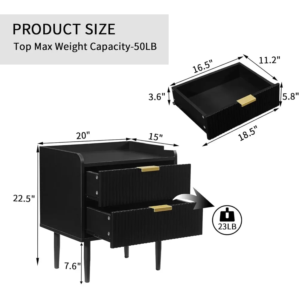 20" Small Side Table, Modern Bedside Tables with 2 Stroage Drawers, for Table for Living Room, Bedroom, Black&Gold, 1-Pack 5