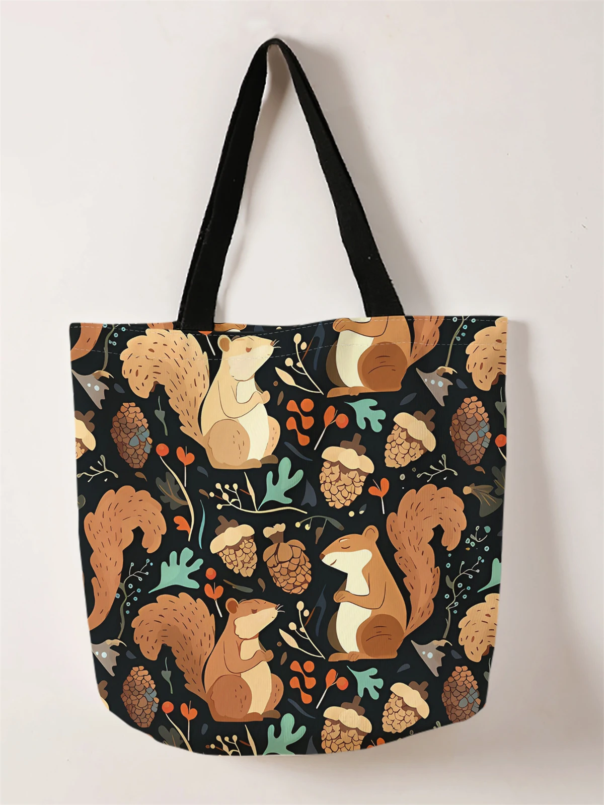 1 piece, squirrel pattern handbag, reusable fashionable handbag, multifunctional handbag, printed canvas shopping bag