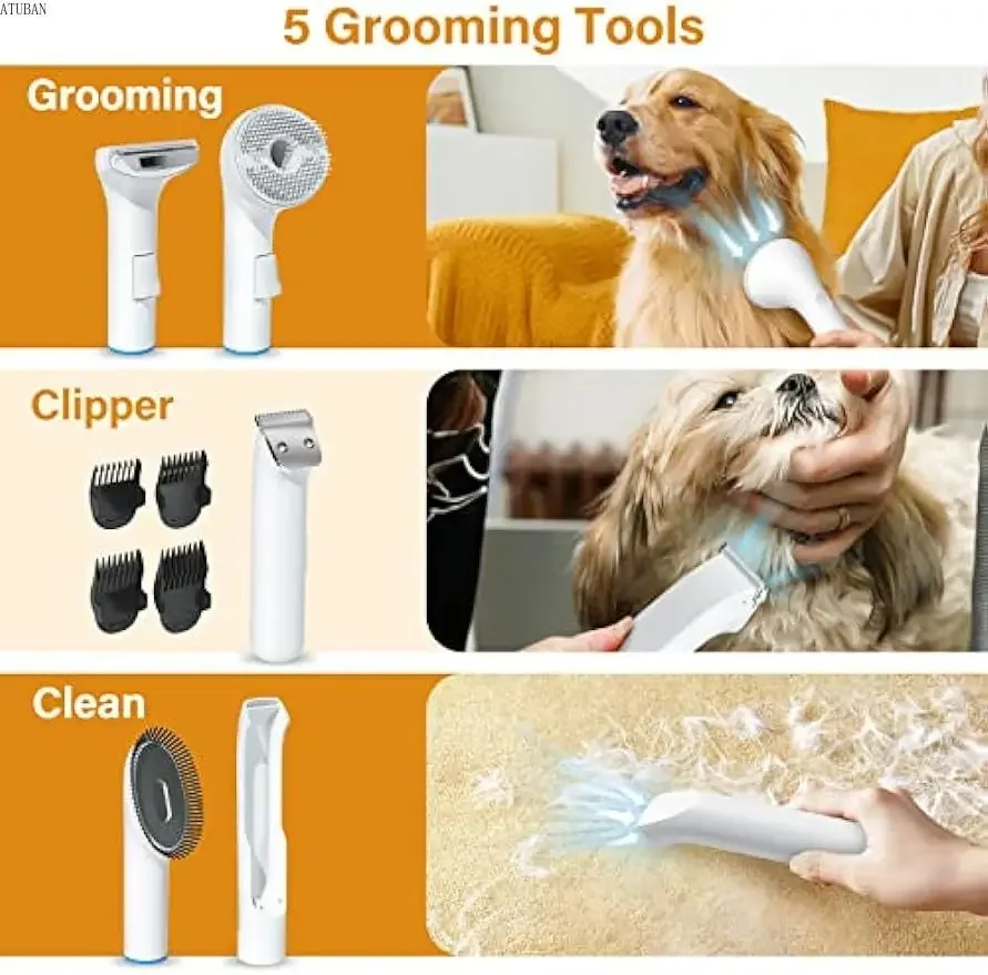 Atuban Dog Grooming Vacuum Kit, Pet Hair Clippers, Sucção a Vácuo 99,9%, Ultra Silencioso para Cães e Gatos, Limpeza Doméstica, 5 em 1