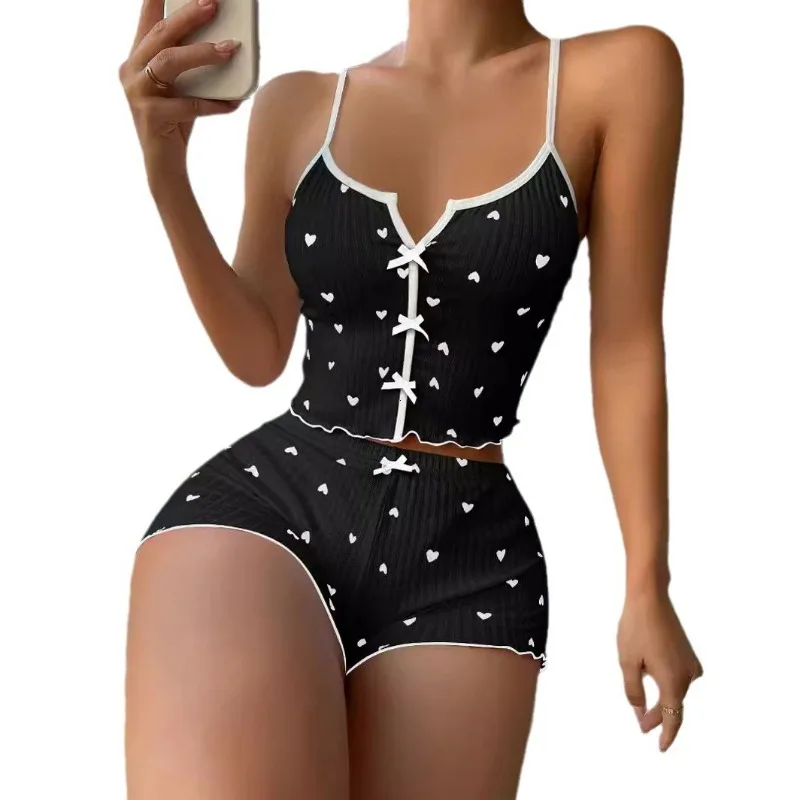 Women Pajamas Set Women Pajama Suit Cotton Pajamas Set Sleepwear Women Pajamas Set Heart Print Soft Ribbed Fabric Flirty Frill Trim Casual Cami Top and Shorts Sets Loungewear