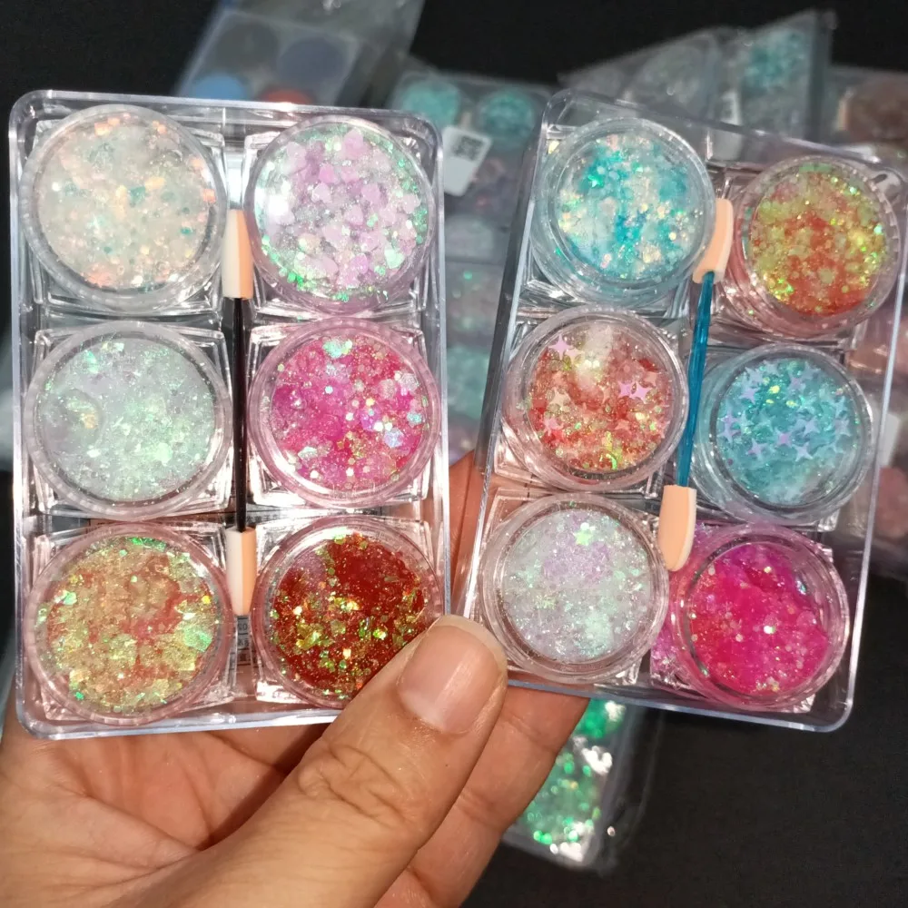 6 Colors Face Glitter Gel Body Shimmer Makeup Sequin for Hair Face Nail Eyeshadow Cream Gel Glitter Rave Festival Party Glitter 4