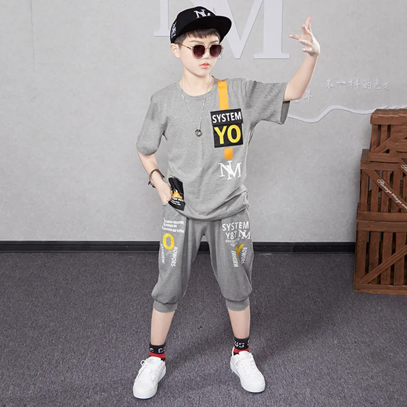 

2023 Summer Boys Clothes Sets Casual O-neck Short Sleeve Letter Print Top & 7/10 Pants 2 Pieces Sport Suits Outfits 120-170