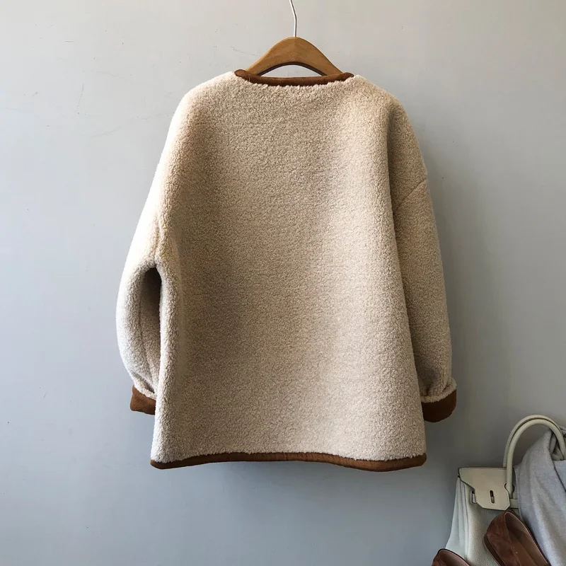 French Lamb Wool Color Matching Coat Women's Winter Korea Simple Casual Basic Long Sleeve Chic Loose Double Faced Fur Coat Lady