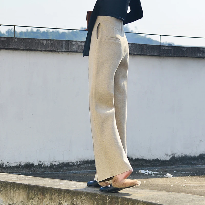Women'S Woolen Wide Leg Pants 2023 Korean Fashion High Waist Suit Baggy Trousers Ladies Office Plus Size 2xl Winter Pantalones