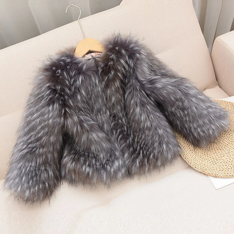 

Girls Faux Fur Coats Winter New Fashion Silver Fox Color Jacket for Babies Cotton Thick Warm Children's Clothing Kids Clothes