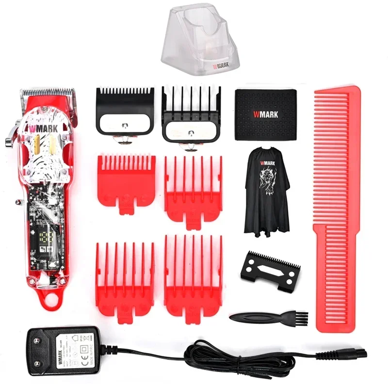 

NEW WMARK NG-409 Red Color Transparent Style Professional Rechargeable Clipper Cord & Cordless Hair Trimmer with Taper Blade