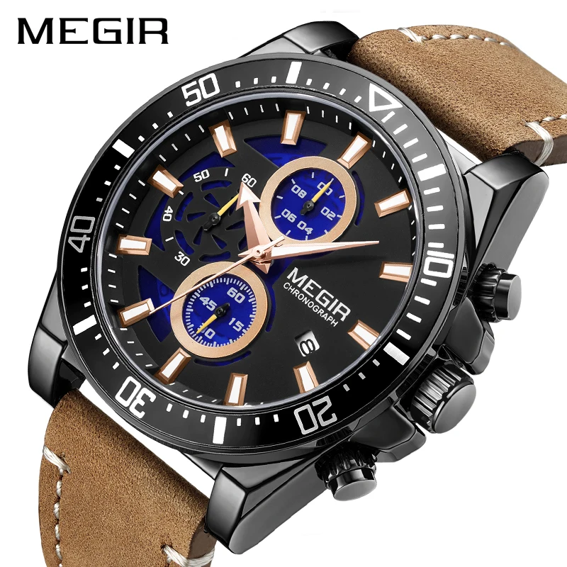 

MEGIR Brand Casual Fashion Brown Strap Quartz Watch Waterproof Luminous Calendar Chronograph Sports Men Watch Relogio Masculino