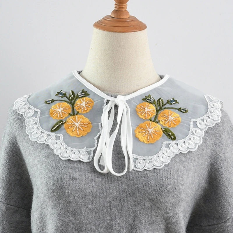 

Embroidered Lace Floral Pattern False Collar with Pearl Beads Universal Removable Collar Sweater Shirt Collar for Women