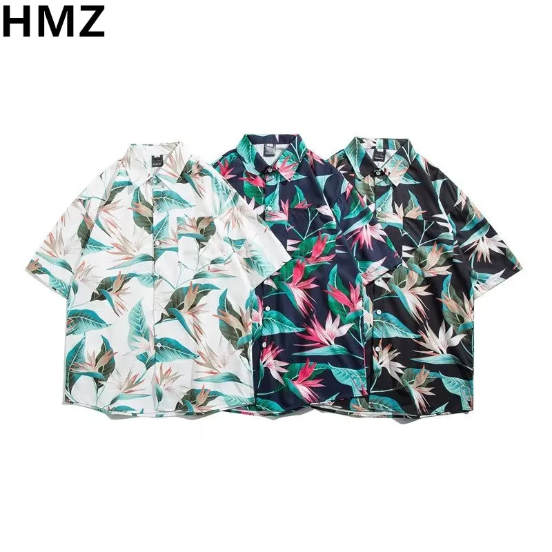 HMZ Vintage Printed Short Sleeve Shirts Men Summer Harajuku Hip Hop Hawaiian Beach Holiday Shirts Button Unisex Blouse Tops Men