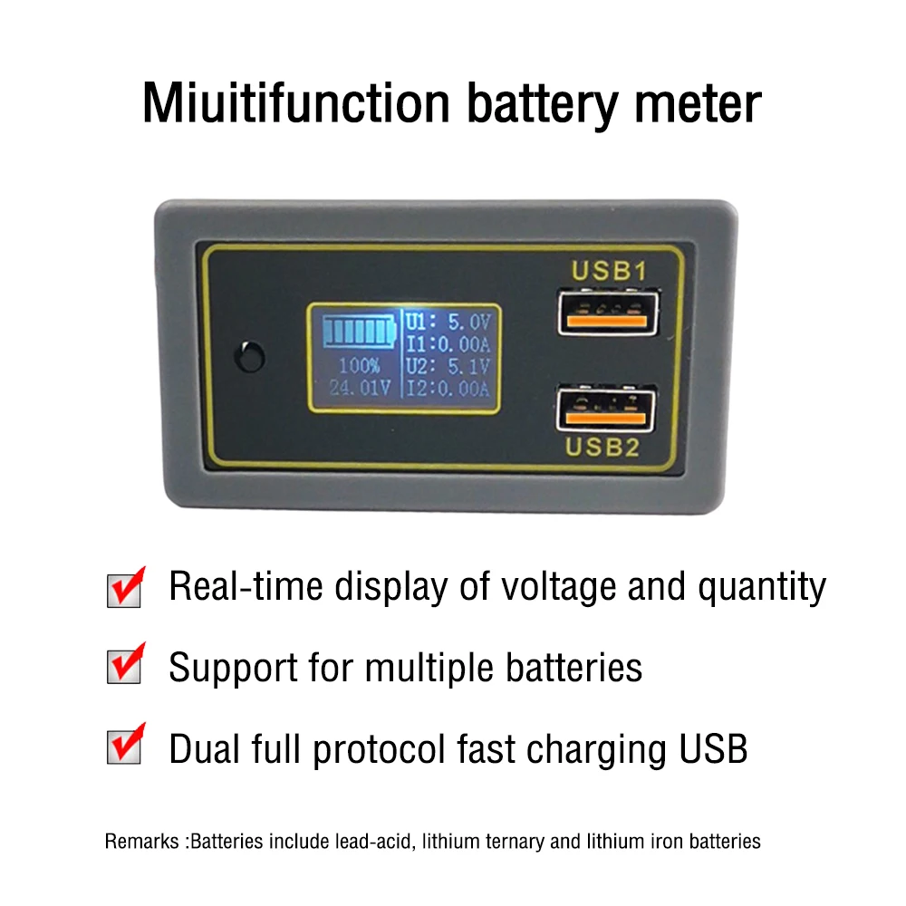 

DC6V-30V Car Battery Capacity Indicator 12V 24V Car Voltmeter Voltage Meter Panel Quick Charging Dual USB Output Battery Monitor