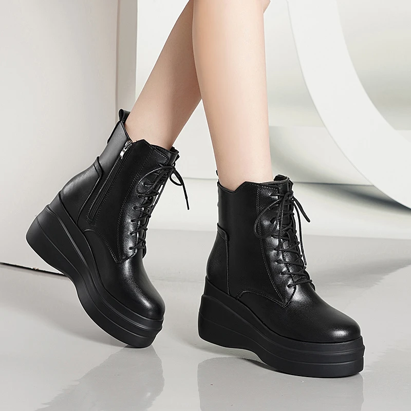 Punk Trainers Women Lace Up Straps Genuine Leather High Heel Platform Pumps Shoes Female Round Toe Fashion Sneakers Casual Shoes