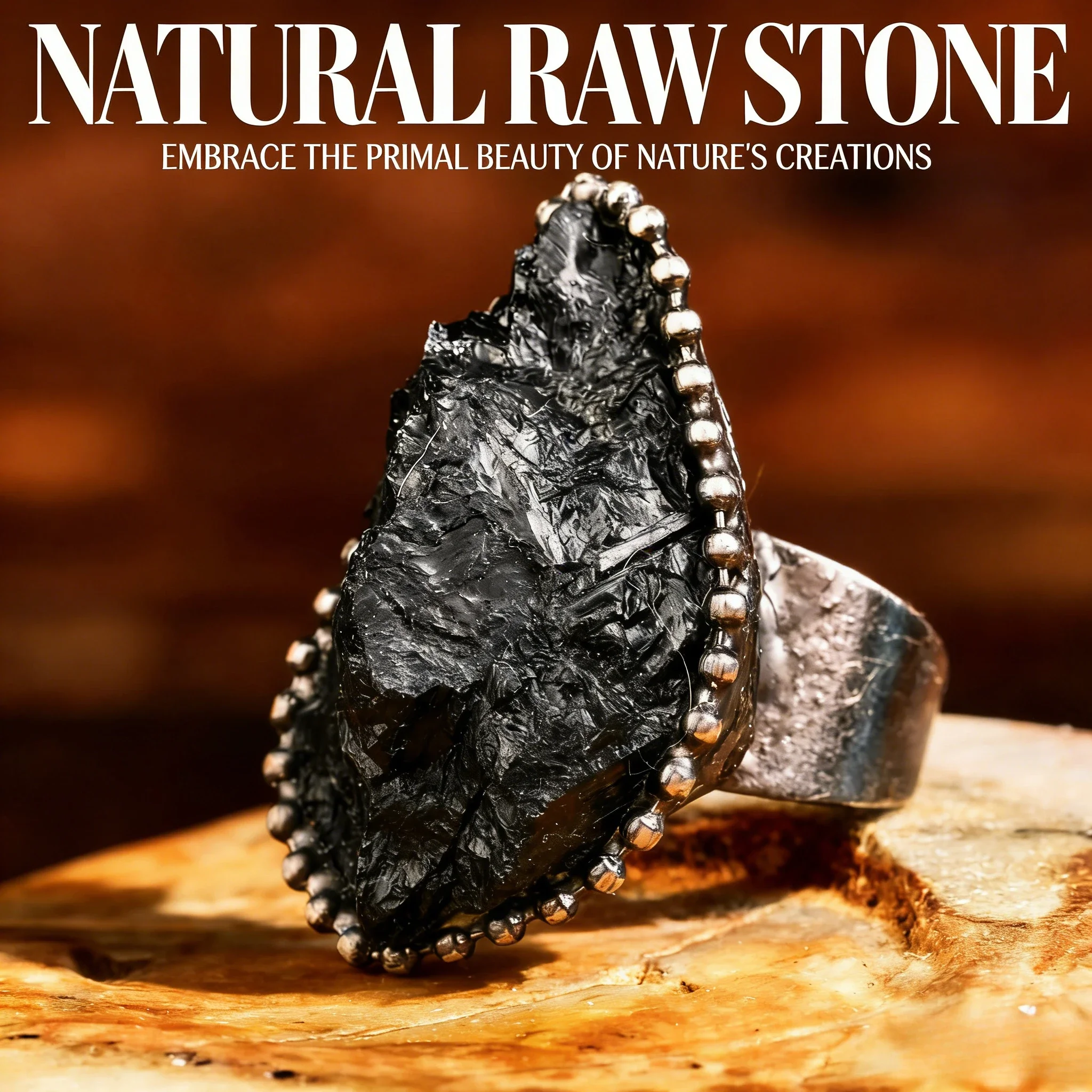 Roher Schwarzer Turmalin-Ring Antik-Bronze Verstellbarer Ring Böhmischer Gotischer Stil Fingerringe Tägliches Accessoire Schmuck Unisex