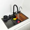 Kitchen Sink honeycomb anti-scratch nano technology left drain Above Mount Washing Basin Stainless Steel sinks waterfall faucet 3