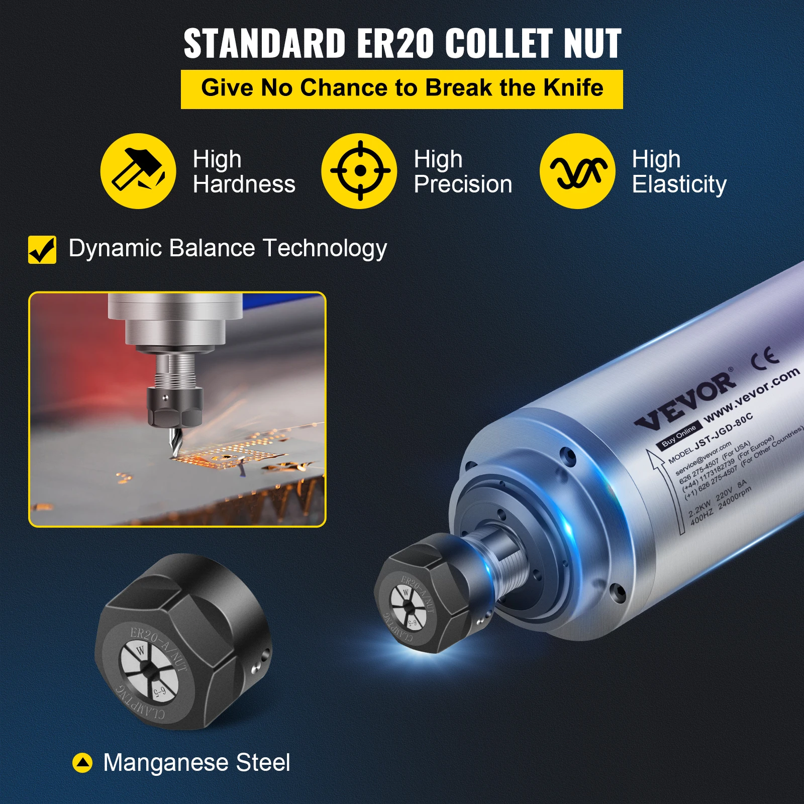 High Speed Motor Water Cooling Spindle Kit VEVOR 2.2KW 3KW Water Cooled Spindle Motor Kits 220V High Speed ER20 Collet 3 Bearings For CNC Router Engraving Milling Machine