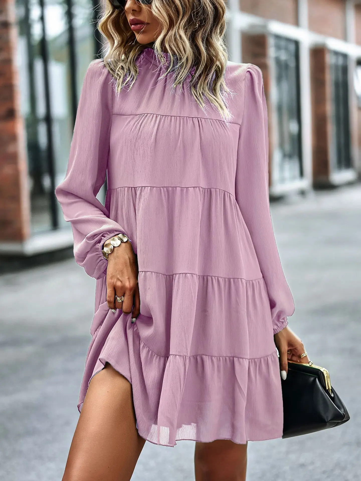 

Round Neck Long-sleeved Solid Color Wide Lantern Sleeve Loose Dress All Season Casual A-line Skirt Temperament Female