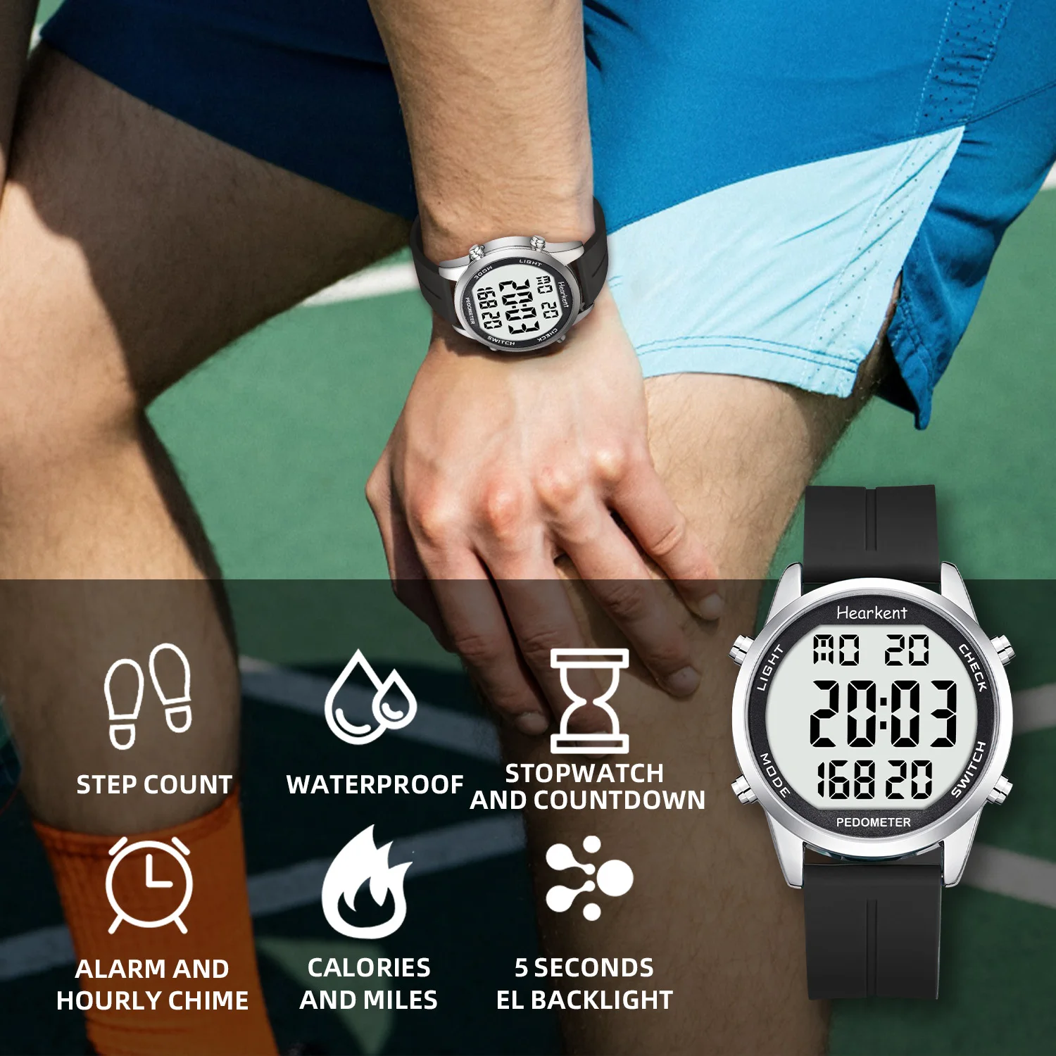 Hearkent Pedometer Watch Men/Women Outdoors Sports Watches Step Calories Counter LED Backlight for Walking Tracker No Bluetooth 4