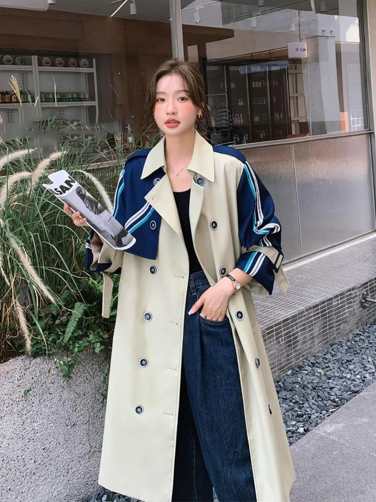 trench-coat-outwear-splicing-temperament-fashion-trend-women's-clothing-long-sleeved-loose-contrasting-windbreaker