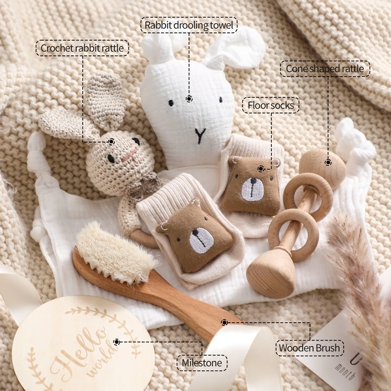 1set Baby Bath Set Cotton Towel Blanket Brush Socks for Kids Toy Crochet Rattle Set Box Christmas photography accessories Gifts 3 Se1a1a23d46be453888586e237d82db68T