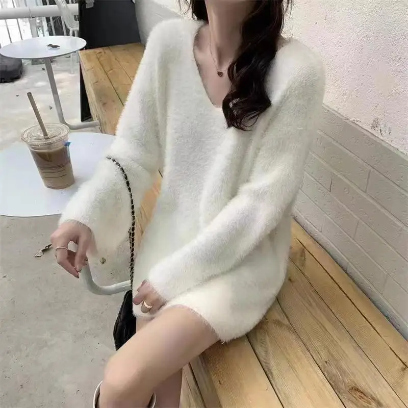

Fashion Free Size New Arrival Long Sleeve Solid Sweater V-Neck LoosePullover Clothes Knitwear Tops Autumn/Winter 2023 X8197