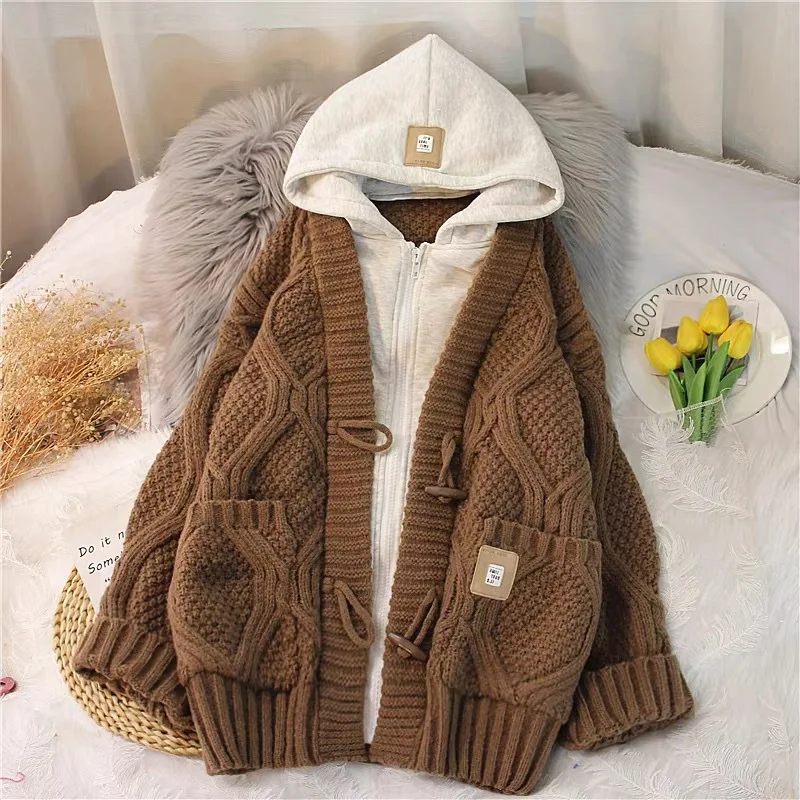 

Korean Fake Two-Piece Hooded Women Sweater Autumn Winter New Fried Dough Twist Loose Mid-Length Knitting Cardigans Jacket Coats