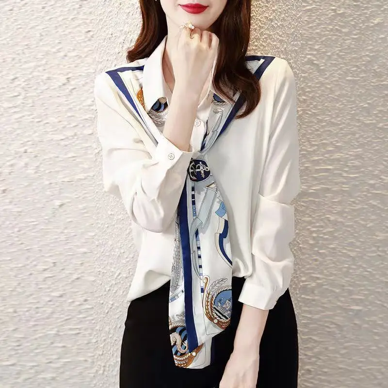 Elegant Chic Print Patchwork Bow Tie Design White Button Up Shirts 2023 Spring Autumn Fashion Long Sleeve Tops Blouses for Women
