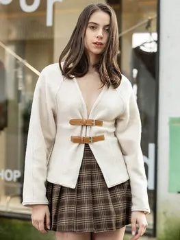 HH المرأة Y2k خمر الخامس الرقبة مشبك جلد معطف أنيق الصلبة طويلة الأكمام سترة الخريف موضة الأمومة الزي أبلى 3