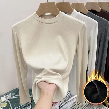 الخريف الشتاء الأساسية عالية الجودة القطن تي شيرت أنيق سليم الصوف مبطن القمم المرأة الياقة المدورة طويلة الأكمام سميكة تي شيرت