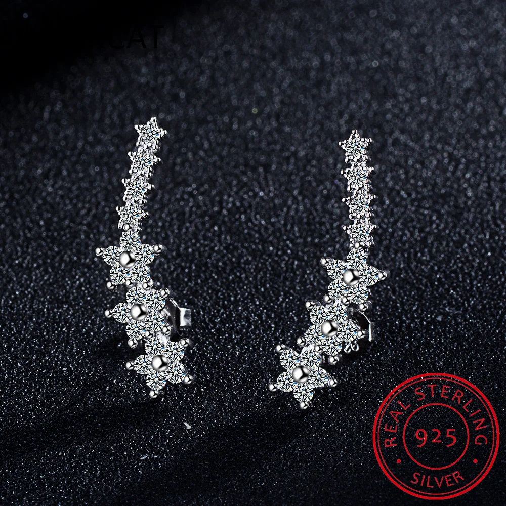 100% Real 925 Sterling Silver Bling Aaa Zirconia Star Ear Climber Orecchino Per Le Donne Cute Ear Crawler Orecchino Spedizione Gratuita E0012