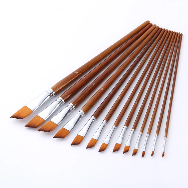 13Pcs Professional Artist Nylon Painting Brush Set Long Handle School