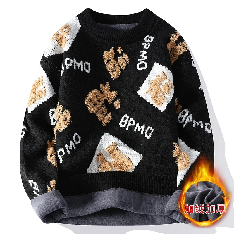 Mink Fleece 2023 Autumn and Winter Men's Pullover Round Neck Printed Letter Fashion Loose Sweater Knitted Long Sleeved Tops