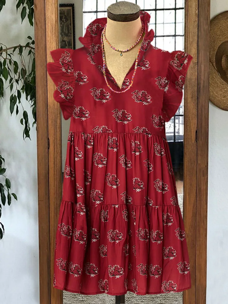 

Gamecock Print Pleated Ruffle V-neck Dress Women Summer Dress Casual Loose Flowy Swing Shift Dresses