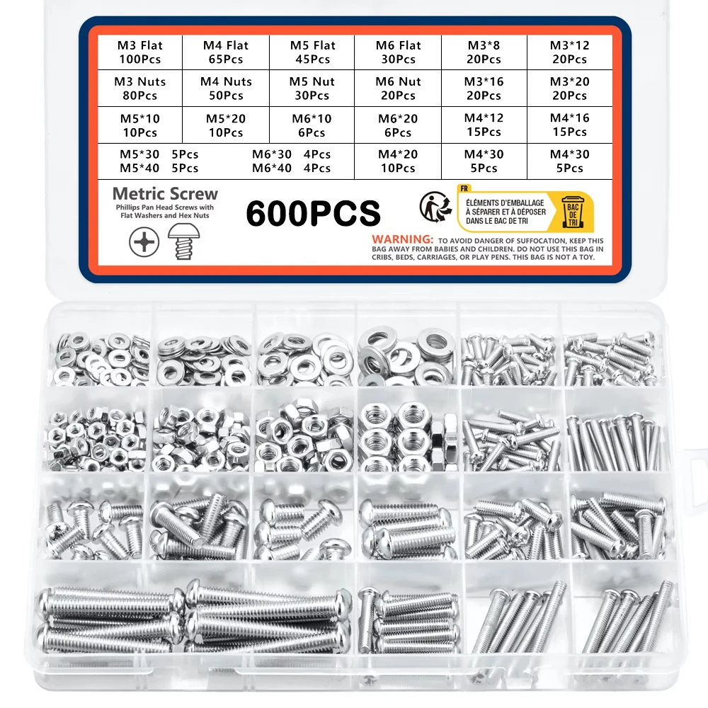 600Pcs Screws Bolts and Nuts Assortment Kit Metric Machine Screws and ...