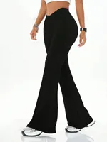 Women's high waist slim fit flared pants, solid color soft high elastic flared pants, retro style casual sportswear 1