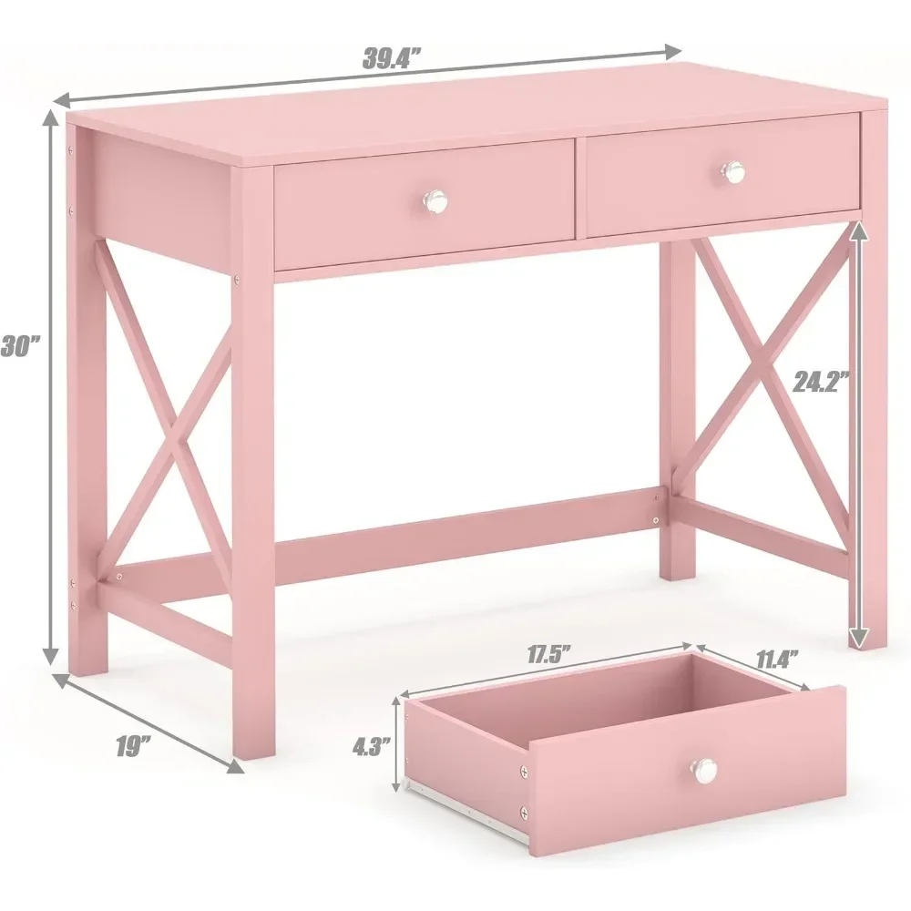 Home Office Desk with Drawers, Writing Computer Desk for Bedroom, Small Pink Makeup Vanity Table, Study Table for Home Office 5