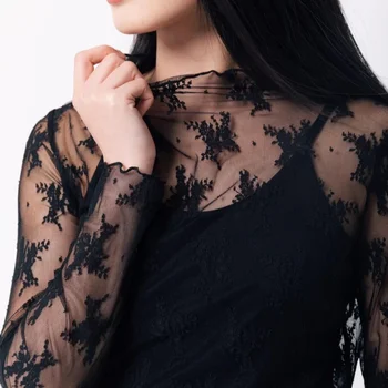 Women Lace Bottomed Blouse T-shirt Spring And Autumn Long Sleeve Mesh Crop Top Foreign Style Sexy Hollow Mesh Top High Neck 2024 1