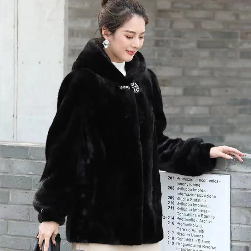 2023 New Women Faux Mink Skin Fur Coat Mid-Length Thickened Warm Hooded Parkas Winter Female Fashion Casual Solid Color Outwear