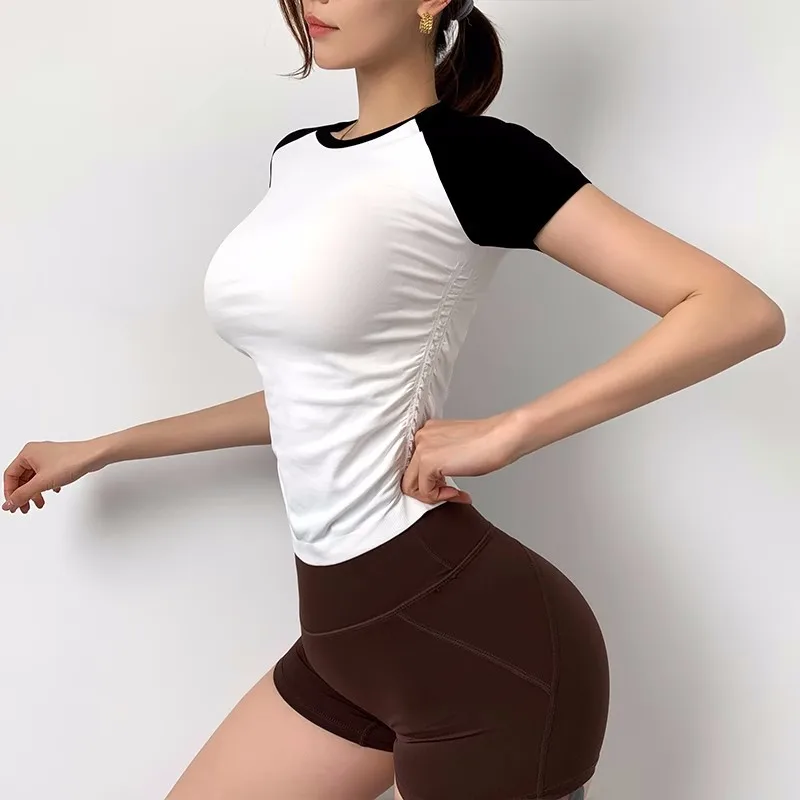Mileegirl Short Sleeves Yoga T Shirts for Women, Sides Pleated Sports Vest, Quick Drying Gym Fitness Top, Workout Running Shirts 4