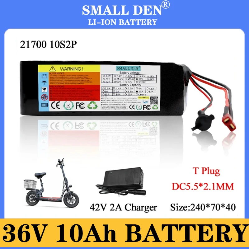 

Аккумуляторная литиевая батарея 21700 36 в 10 А 10s2p, встроенная моторная ячейка 15а bms для электровелосипеда, скутера и т. д., зарядное устройство 42 в 2a