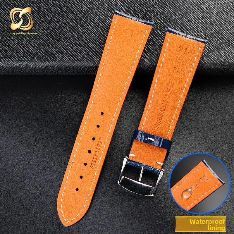Blue Men's Cowhide Leather Watchband with Butterfly Buckle