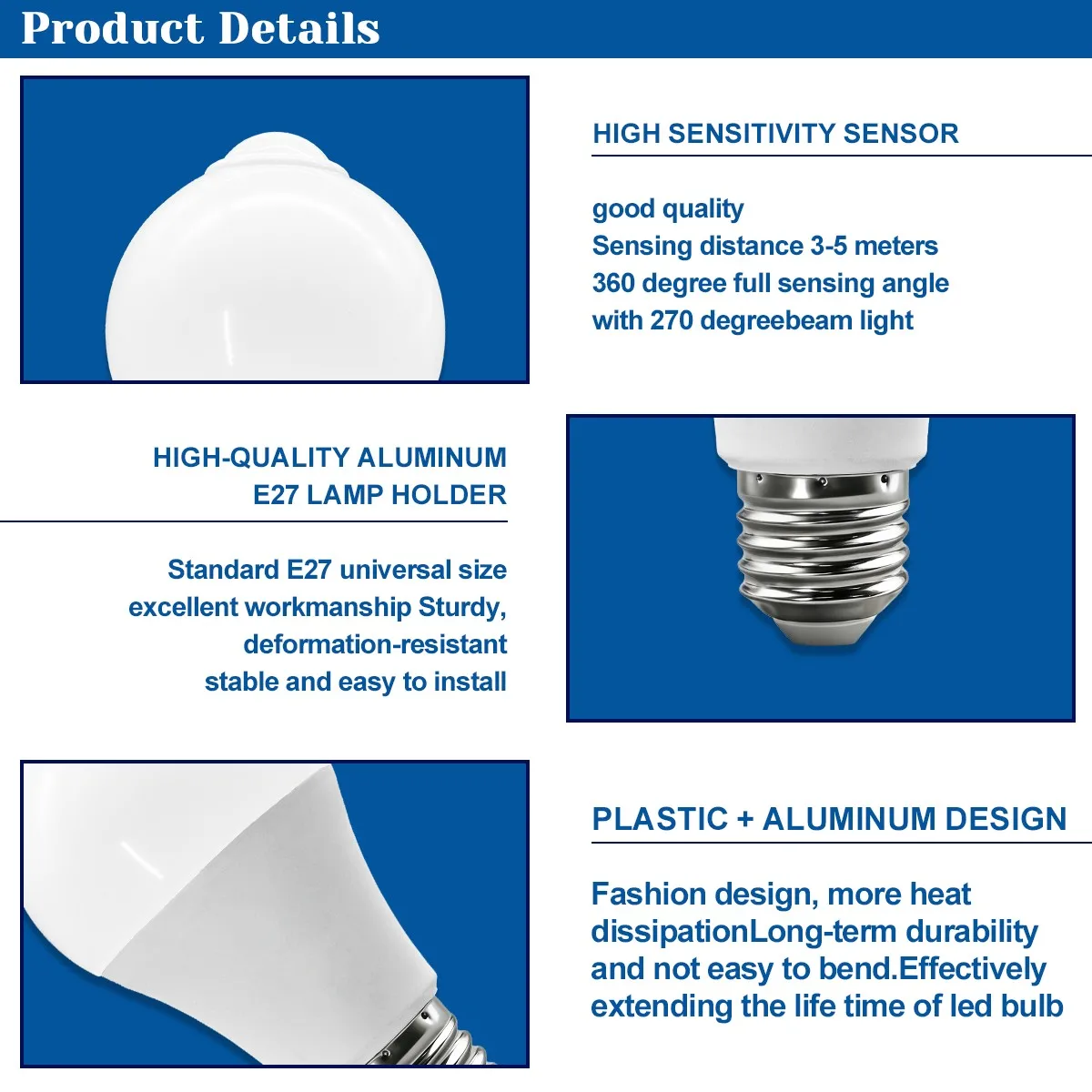 2개입 10W E27 모션센서 LED 전구 220V 120V LED 램프 CRI 80+ 자동 스마트 적외선 LED 전구 에너지 절약 전구 가정용
