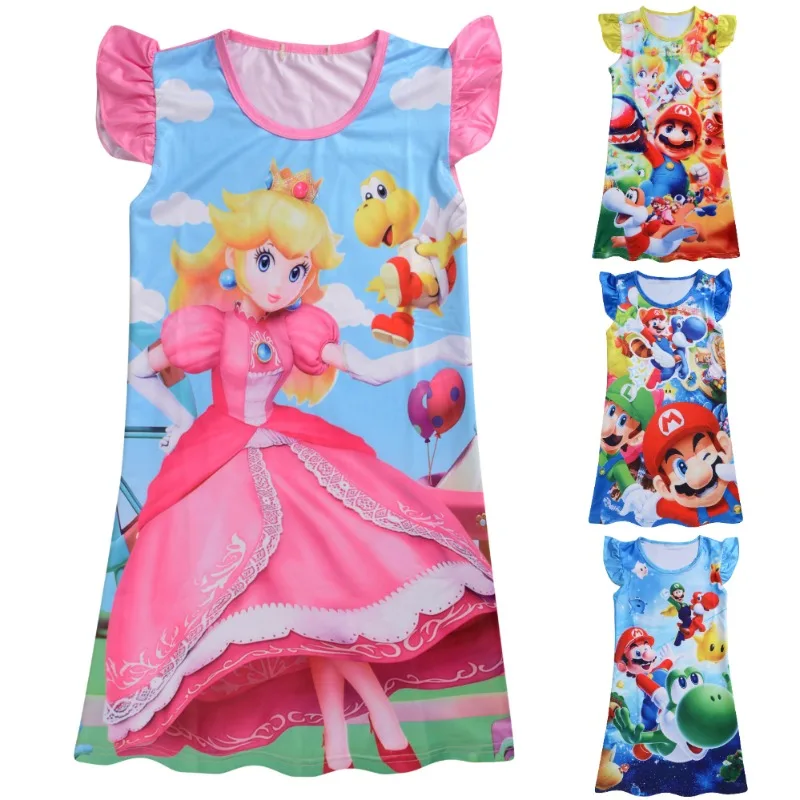 Super Marios Bros Anime Harajuku Print Summer Dress For Girls Peach Princess Dress Camicia Da Notte Per Bambini Pigiama Cartoon
