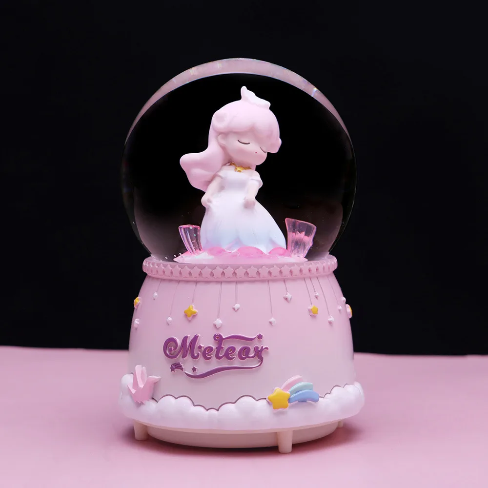 Creative Cartoon Girls Crystal Ball Romantic Color Light Snow Music Box Home Desktop Decoration Valentine's Day Birthday Gifts