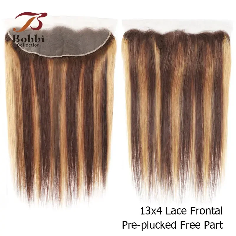 1PC Straight Highlight Human Hair Weave Bundles Brown Blonde Mix Color Lace Closure Frontal Transparent Free Part Bobbi